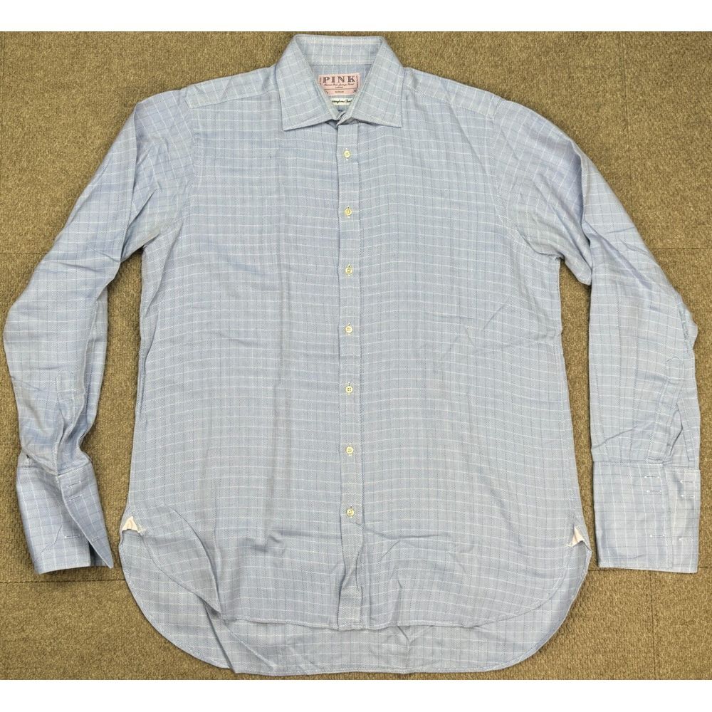 Pink London Herringbone Twill Men's Blue Long Sleeve Dress Shirt Size 16.5-36